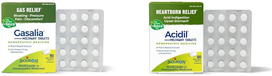 Boiron Gasalia Tablets and Acidil Tablets for Gas, Bloating, Acid Reflux, Heartburn, Indigestion, and Upset Stomach Relief - 60 Cuenta cada