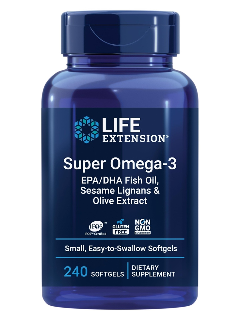 Extensión de vida Super Omega-3 EPA/DHA Fish Oil, Sesame Lignans & Olive Extract – Heart Health, Brain Health, Inflammation Health Support, Gluten-Free, Easy to Swallow, Non-GMO, 240 Softgels