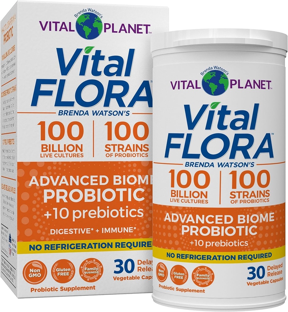 Planeta Vital - Vital Flora Advanced Probiotic 100 Billion CFU, 100 Diverse Strains, 10 Prebióticos Orgánicos, Immune Support, Digestive Health Shelf Stable Probiotics for Women and Men 30 Capsules