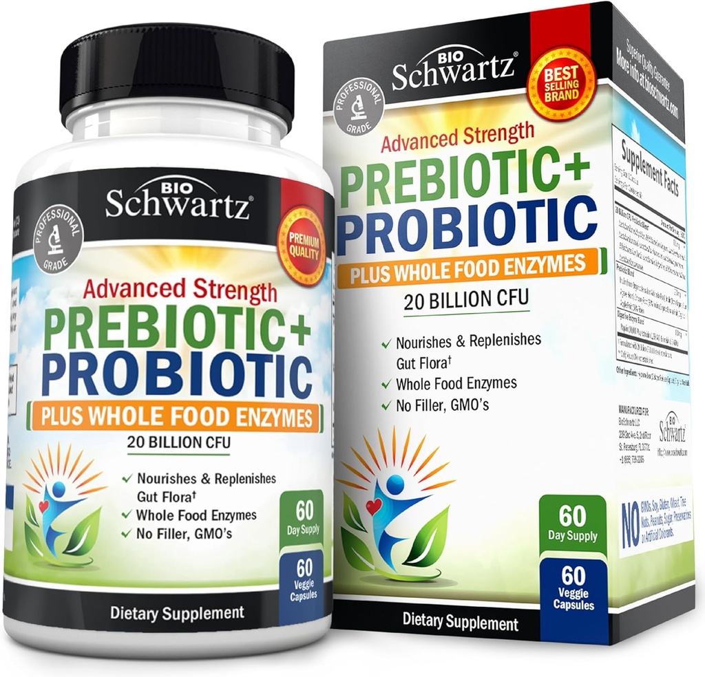 Prebióticos avanzados y Probióticos para Hombres Mujer, Inmune, Digestivo " Salud Gut con L. Reuteri, Fibra Inulina, Enzimas Digestivos, No GMO, Libre de gluten, sin lácteos, 60 cápsulas