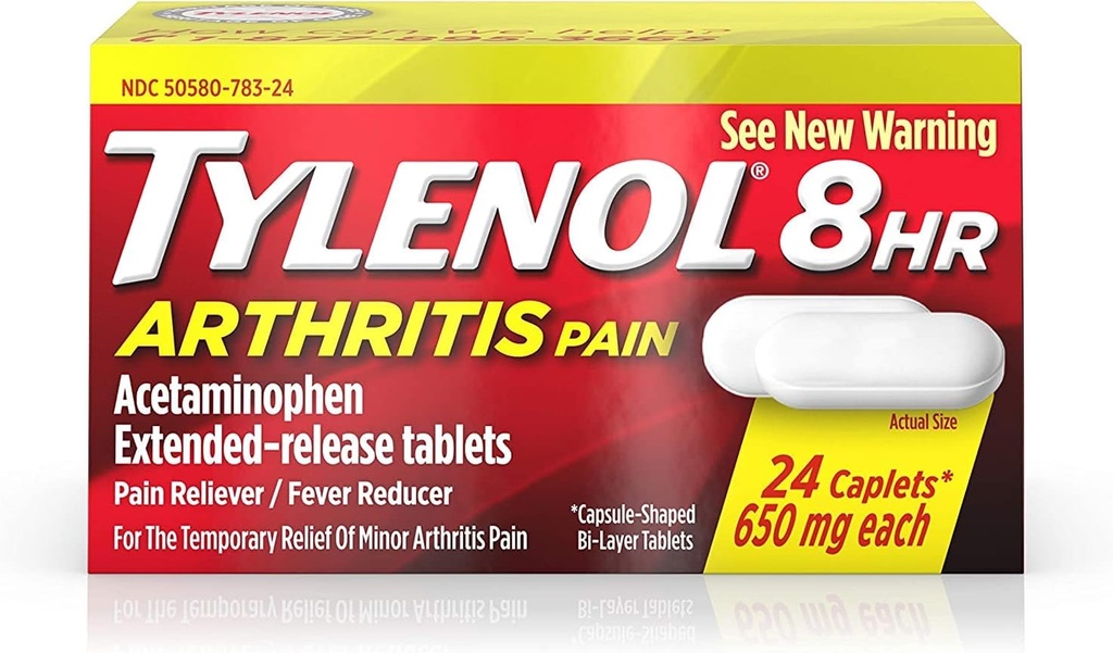 Tylenol 8 horas Artritis Dolor Alivio de Dolor - Acetominophen Tablas de liberación extendida, Alimentador de dolor / Reductor de fiebre, 24 Caplets, 650 miligramos cada (2-Pack)