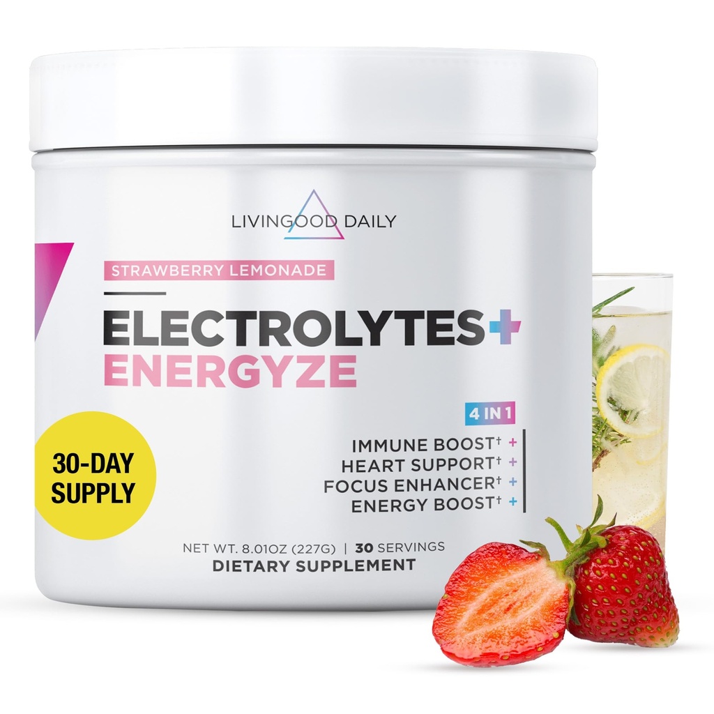 Livingood Daily Electrolytes Powder, Electrolytes Hydration Powder with Vitamin C, Taurine, D Ribose " FOS, Sugar Free Electrolyte Drink Mix, Keto, Gluten Free, Strawberry Lemonade, 30 Servings