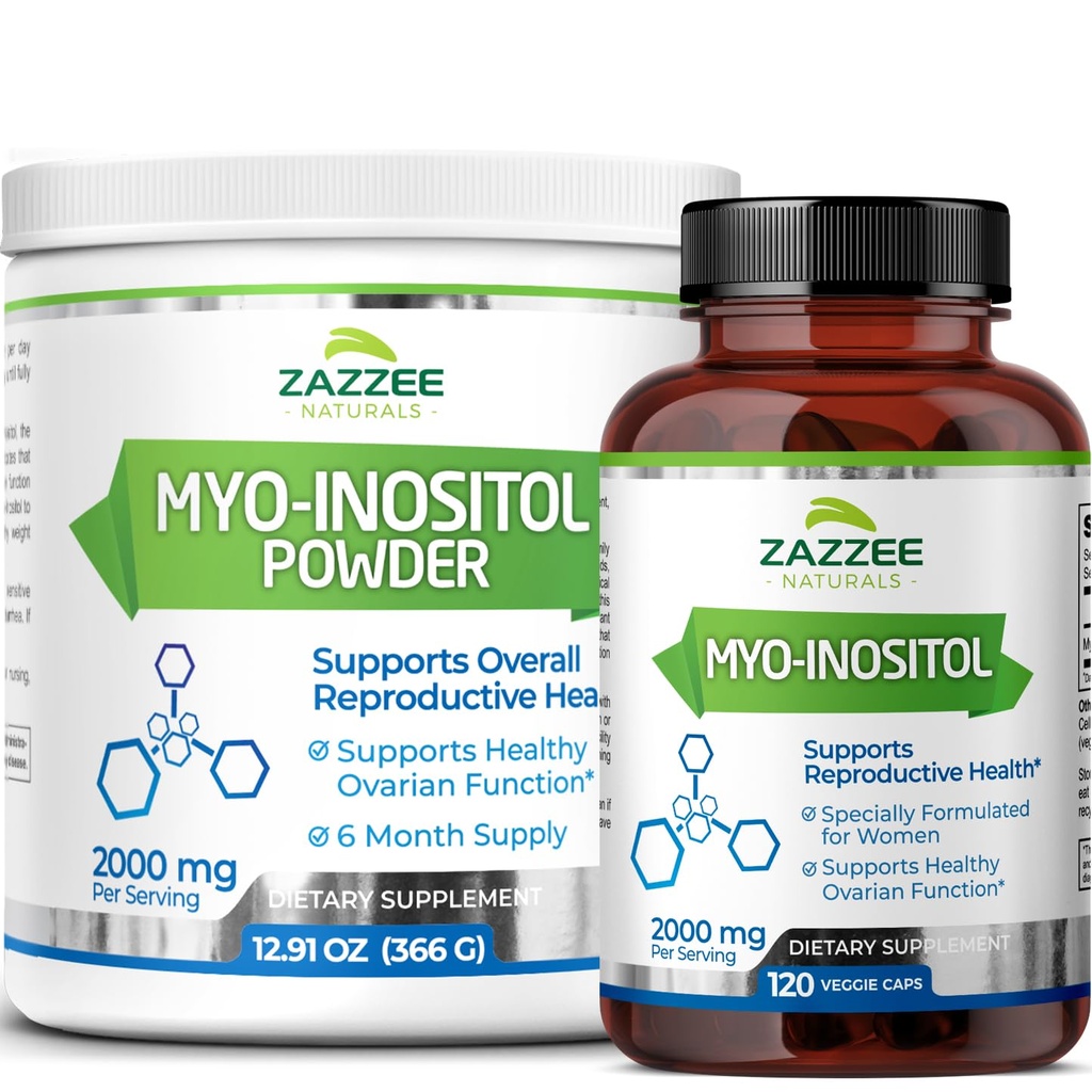 Zazzee Myo-Inositol Capsules y Myo-Inositol Powder, 100% Puro, Premium Grado, Vegan, No GMO y Todo Natural