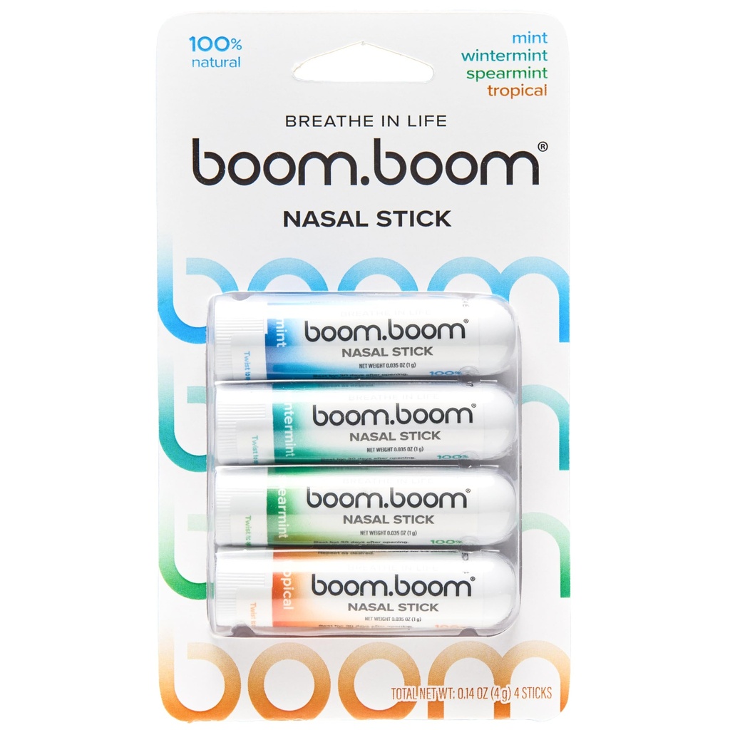 BoomBoom Nasal Stick ← Vapor Flow Technology ← Cool Refreshing Sensation  Natural Mood Boost ← Ingredientes simples ← Aceites esenciales + Menthol Inhaler (Mint, Wintermint, Tropical, Spearmint)