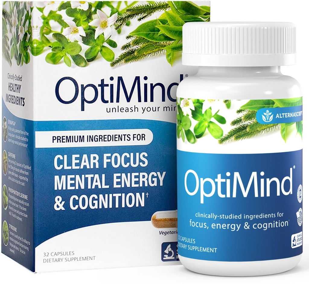 Optimind Bacopa Monnieri Brain Supplement for Memory and Focus, Nootropics with Phosphatidylserine, Huperzine A, Non-GMO, Clinically Studied Ingredients, 32 cápsulas