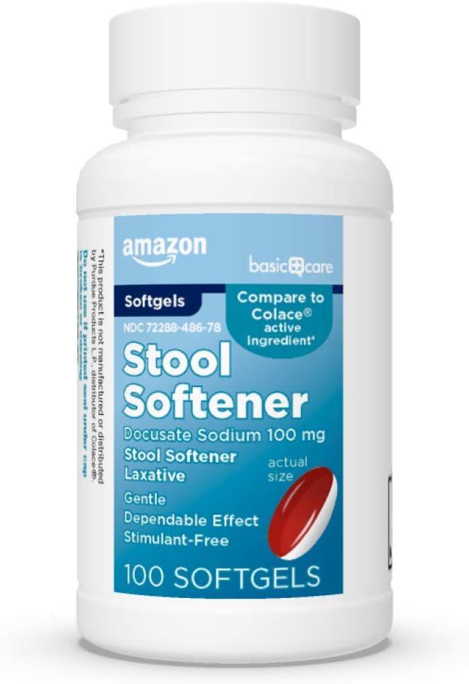 Amazon Basic Care Stool Softener Laxative, Docusate Sodium 100 mg, Softgels, For Constipation Relief, 100 Conde