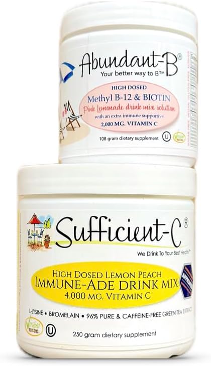 Suficiente-C 250 gramos Vitamina C Immune-ade Bebida Mix y Abundante-B alta dosis B-12 y Biotina Limonada Rosa Solución