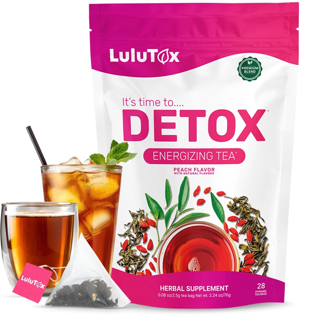 LULUTOX Detox Tea - Adelgazamiento de té con Dandelion y Ginseng para los objetivos de apoyo para la limpieza de la desintoxicación, el vientre plano, la hinchazón, el peso saludable y la salud digestiva - Mujeres Hombres - Peach Flavor (28 Servimientos)