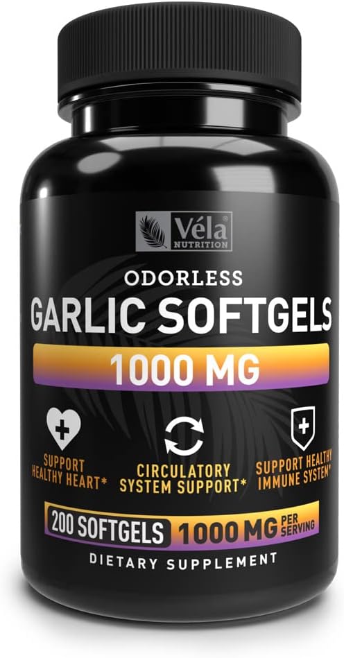 Suplemento de ajo sin olor Silencio 1.000 mg por servir Silencioso Apoyo Corazón Salud, Circulación y Sistema Inmunitario Silencio GMP Certified, Non-GMO, 3rd Party Tested ← 200 Capsules