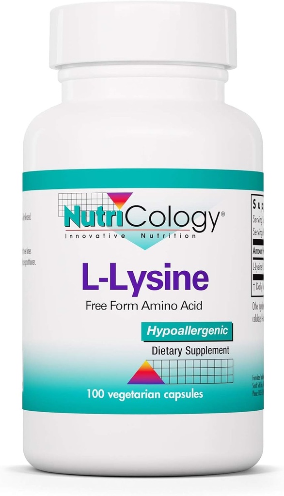 Nutricology L-Lysine - Soporte Inmunitario, L-Lysine HCI, Free Form Amino Acid, 500mg Suplemento, Pura, Orgánica, Vegetarian Capsules - 100 Conteo