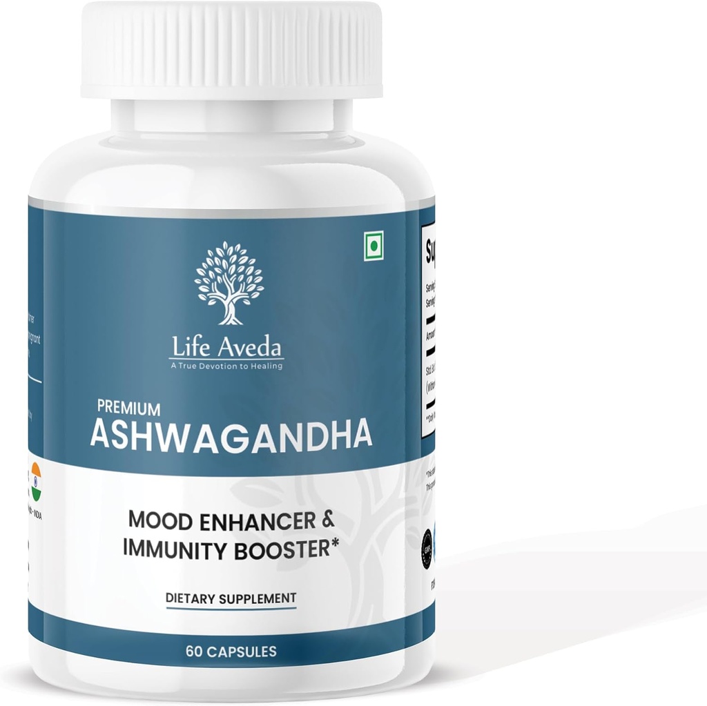 Life Aveda Ashwagandha 500mg, 60 cápsulas – Suplemento Natural Herbal para Adultos (1-Mes de Suministro)