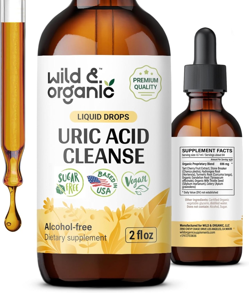 Wild & Organic Uric Acid Cleanse Drops - Tart Cherry, Turmeric, Chanca Piedra Stone Breaker Complex for Kidney Cleanse - Uric Acid Support Supplement - Vegan, Sugar & Alcohol-Free Tintura - 2 oz