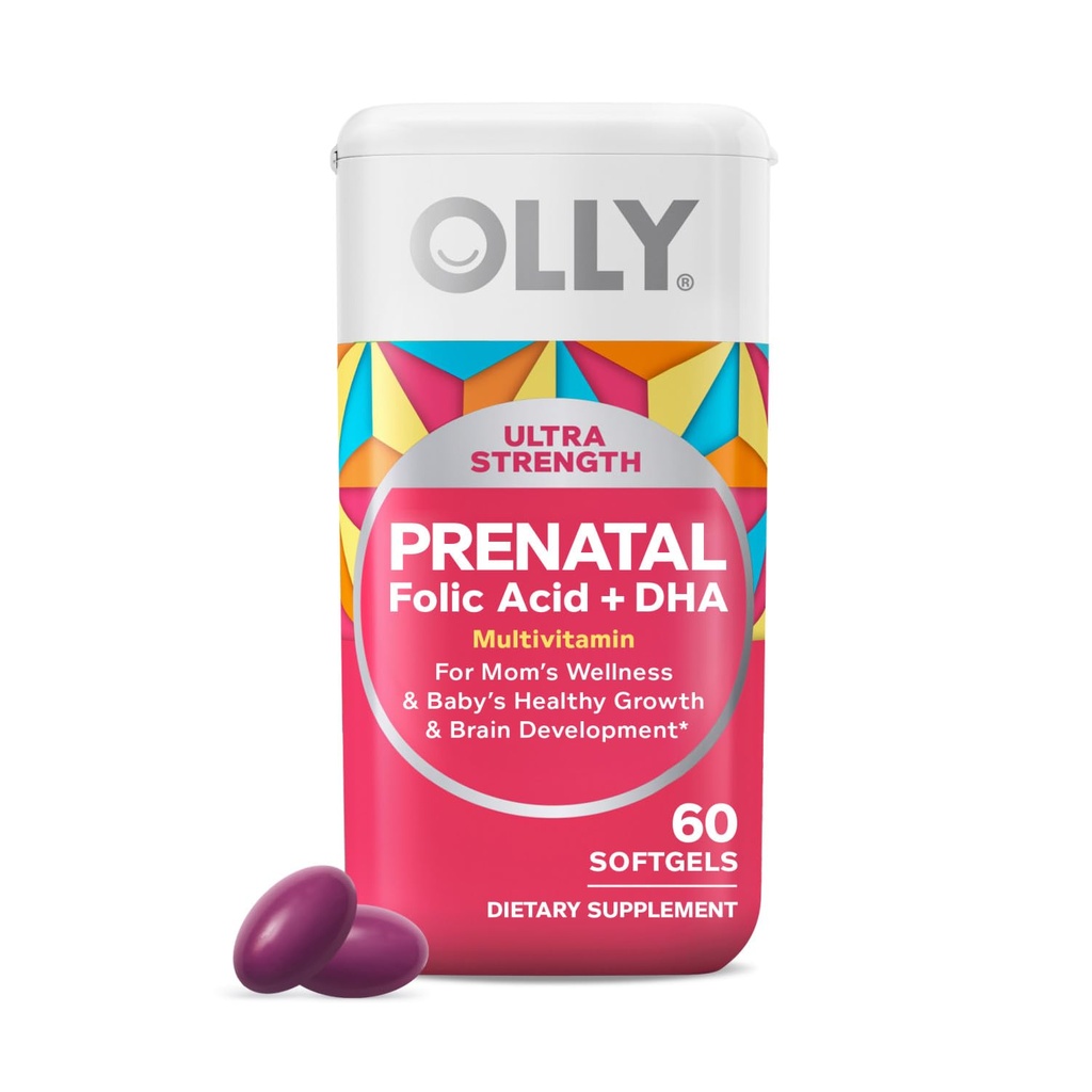 OLLY Ultra Strength Prenatal Multivitamin Softgels, Supports Healthy Growth, Brain Development, Iron, Folic Acid, DHA, Vitaminas C, E, 30 Day Supply-60 Count