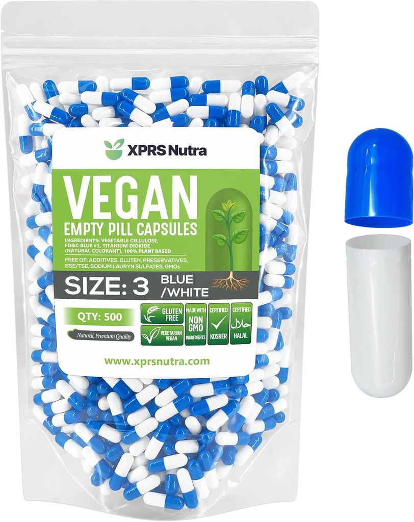 XPRS Nutra Size 3 Empty Capsules - 500 Count Empty Vegan Capsules - Vegetarian Pills - DIY Vegetal Capsule Filling - Veggie Pill Caps (Blue/White)
