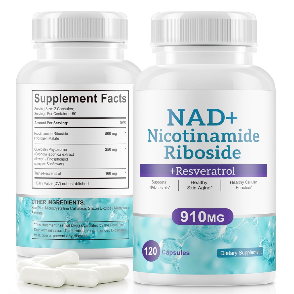 NAD+ Suplemento Alternativa - Liposomal Nicotinamide Riboside - Resveratrol & Quercetin - Suplementos NAD de alta pureza para Anti-Aging, Focus, Energy 120 Capsules