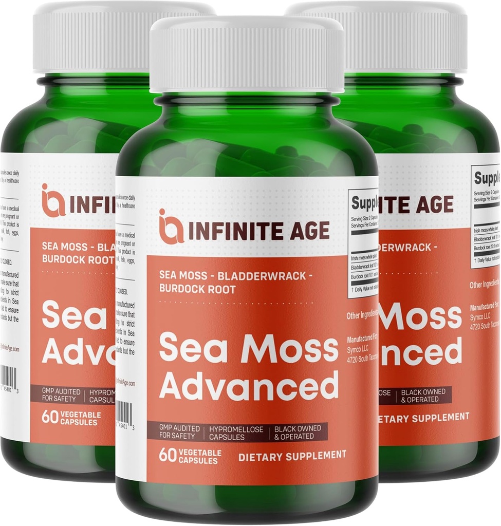 Infinite Age 3 Pack of 1250mg Sea Moss Advanced Superfood Capsules, 180 Cuenta - High-Potency, Vegan, Made in The USA - Irish Seamoss, Bladderwrack, Burdock Root - Total Health, Immunity Support