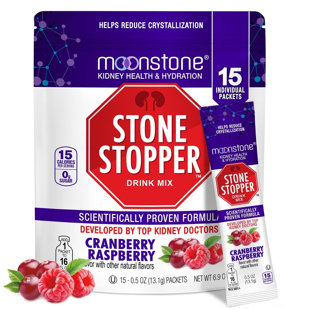 Moonstone Stone Stopper Drink Mix, Cranberry Raspberry, Kidney Stone Prevention, Calcium Oxalate Protector, Desarrollado por los urólogos para mejorar la higiene y apoyar la salud del riñón, 15 Day Supply