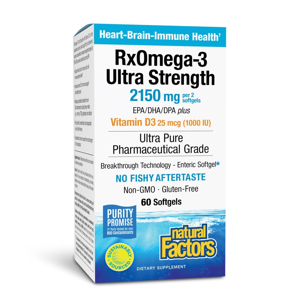 Factores naturales RxOmega-3 Ultra Strength - Suplemento dietético para la salud cerebral - Suplemento de salud ocular con EPA &amp; DHA - Suplemento con ácidos grasos Omega-3 - 60 Softgels (30 Servimientos)