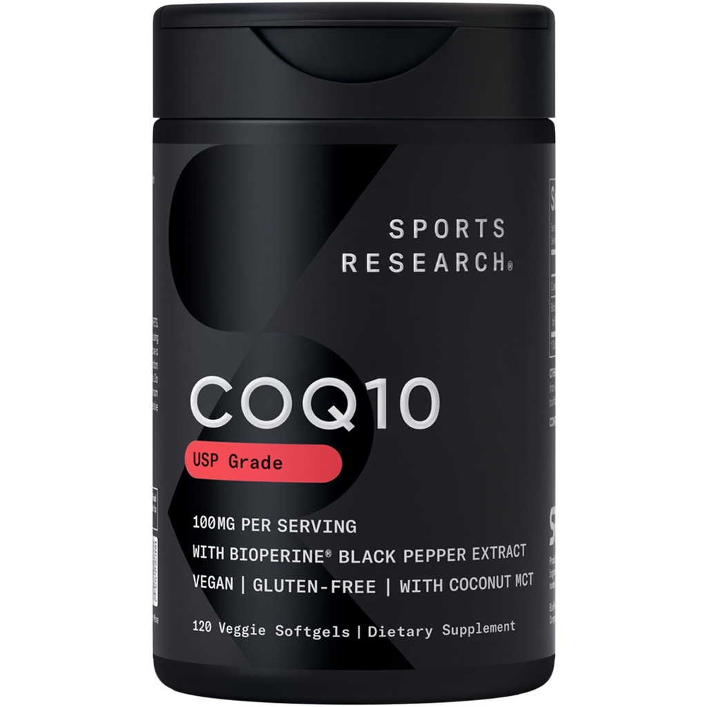Sports Research CoQ10 (100mg) Enhanced w/Coconut Oil & Bioperine (Black Pepper) for Better Absorption ¦ Vegan Certified, Non-GMO Verified (120 Veggie Softgels)