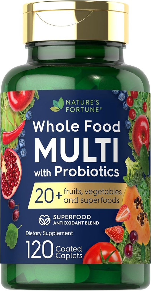 La fortuna entera de la naturaleza Multivitamínico de alimentos con probióticos viv 120 Coated Caplets  Hecho con 20 Frutas y verduras ← Non-GMO & Gluten Free Supplement
