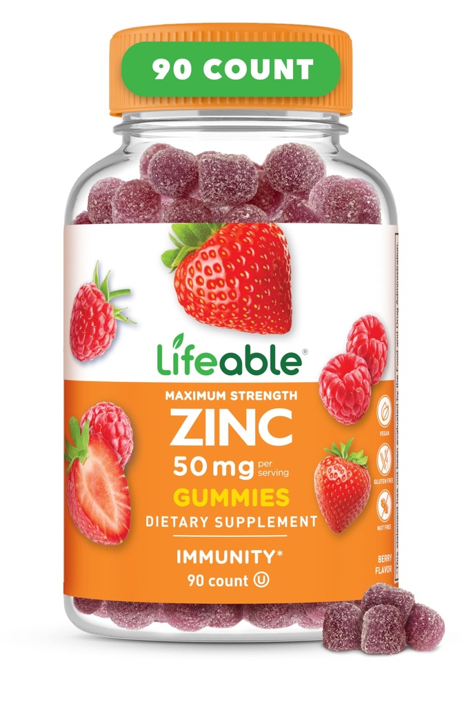 Lifeable Zinc Gummies ← 50mg TENIDO Great Tasting Natural Flavor Zinc Vitamins TEN Gluten Free, Vegetarian, GMO-Free Zinc Chewable ← para Immune Support TEN 90 Gummies