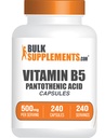 BulkSupplements.com Vitamina B5 Capsules - as Pantothenic Acid, B Vitamin Supplement, Pantothenic Acid 500 mg - Gluten Free, 1 cápsula por Serving, 240 cápsulas (Pack of 1)