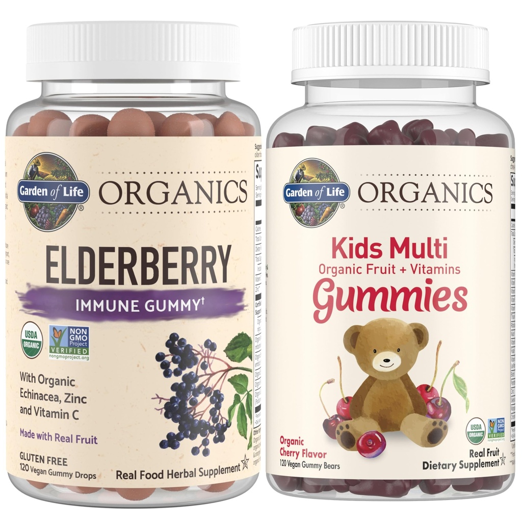 Garden of Life Organics Kids Immune Bundle – Elderberry Immune Support Gummies (120 Conde) + Certified Organic Kids Multivitamin Gummies, Non-GMO, Gluten Free, Cherry (120 Conde)