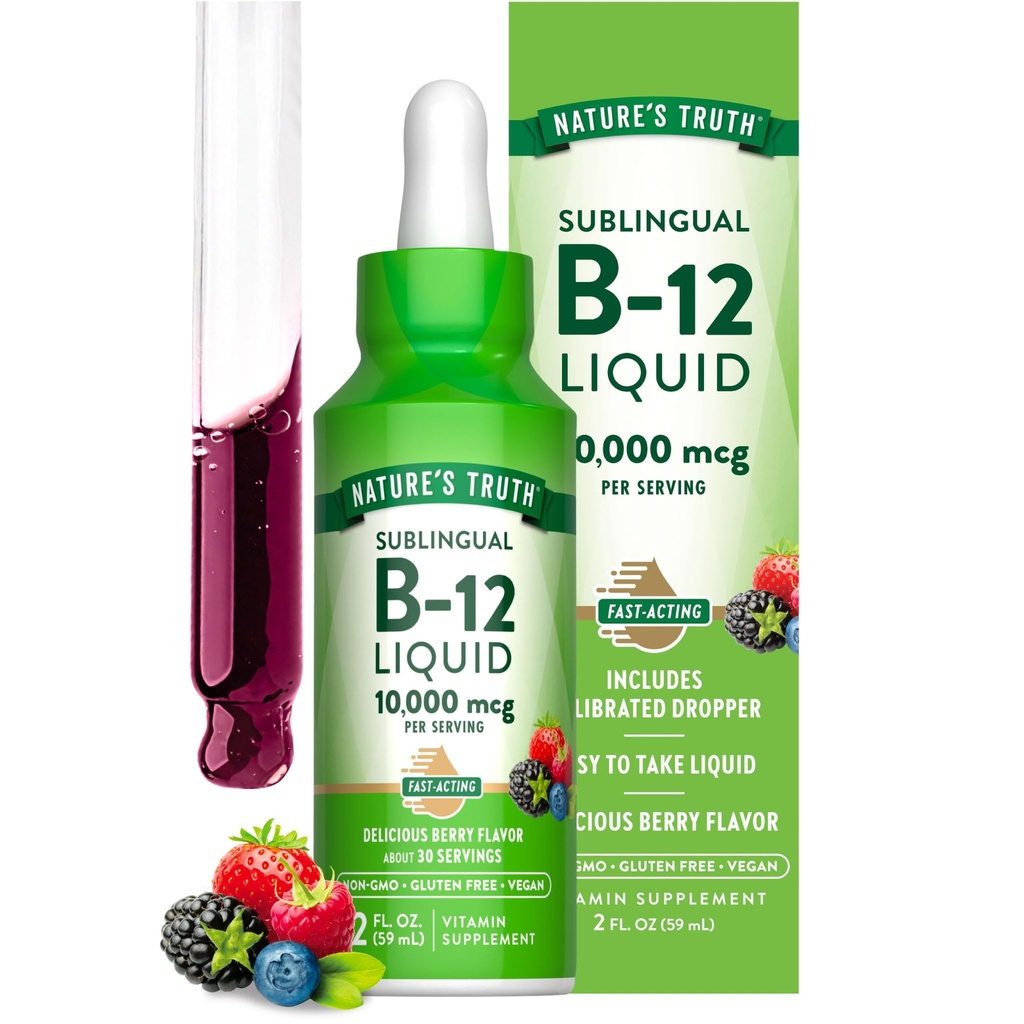 La verdad de la naturaleza B12 Sublingual Liquid Drops TENED 10,000 mcg TENIDO 2 oz TENIDA Fast Acting TEN Vegan, Non-GMO &amp; Gluten Free