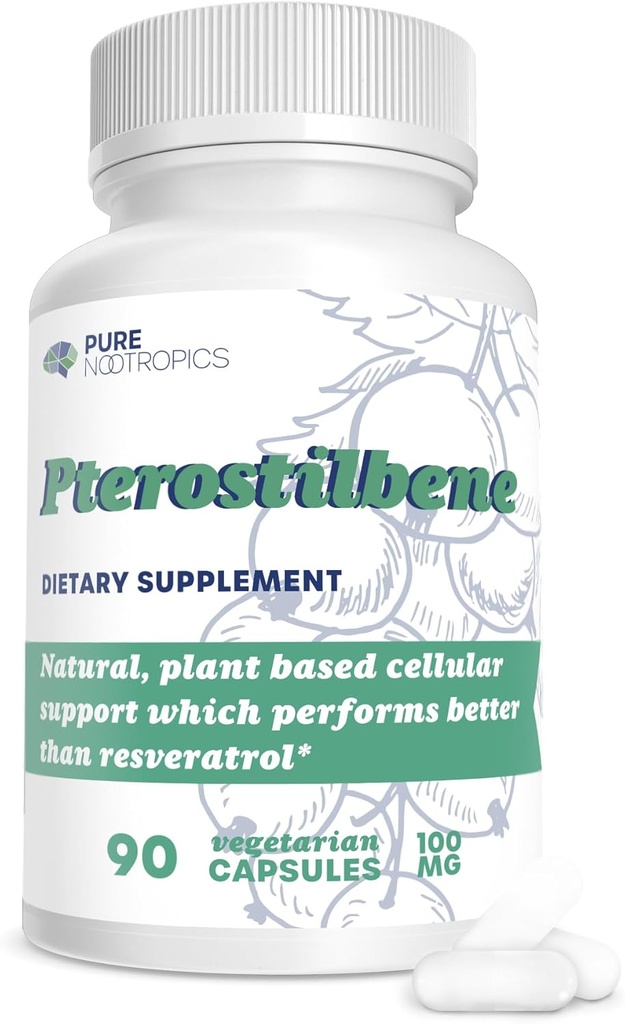 Pterostilbeno 100 mg Capsules (90) Silencioso Apoyo basado en plantas para la salud celular Silencio en casa " Rigorous 3rd Party Testing for Higher Purity " Potency
