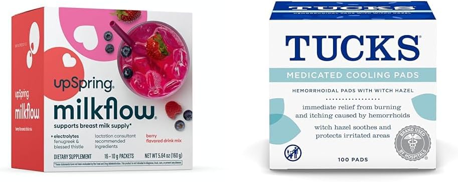 UpSpring Milkflow Electrolyte Breastfeeding Suplemento Bebida Mezcla con Fenugreek ← Berry Flavor ← 16 Bebidas Mezclas + TUCKS Enfriamiento Medicado, 100 Cuenta