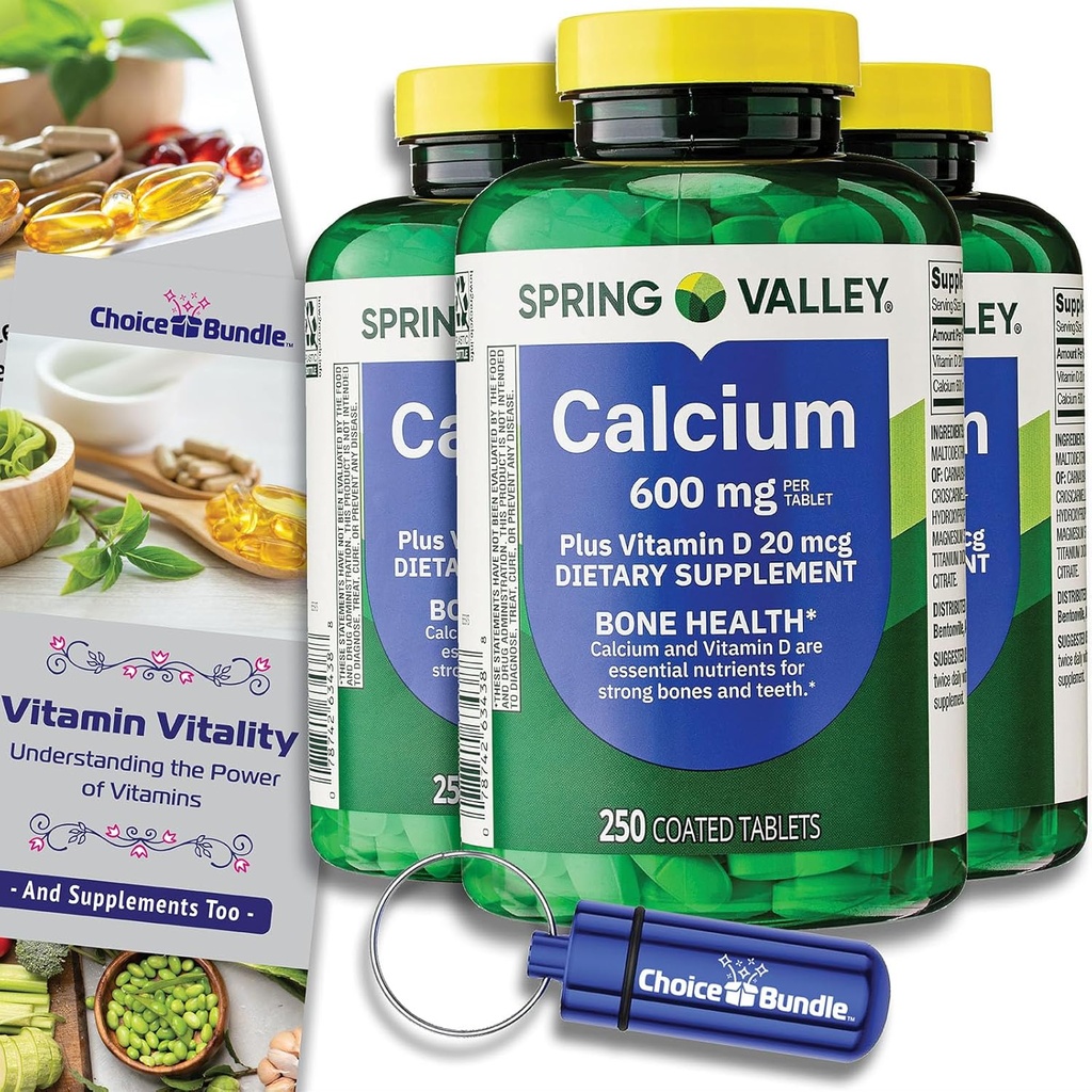 Elección Bundle Spring Valley Calcium Plus Vitamin D Tablets 600 mg 250 Ct 3 pk (750 Total) + “Vitamin Vitality” Guide " Pill Container (5 items)!