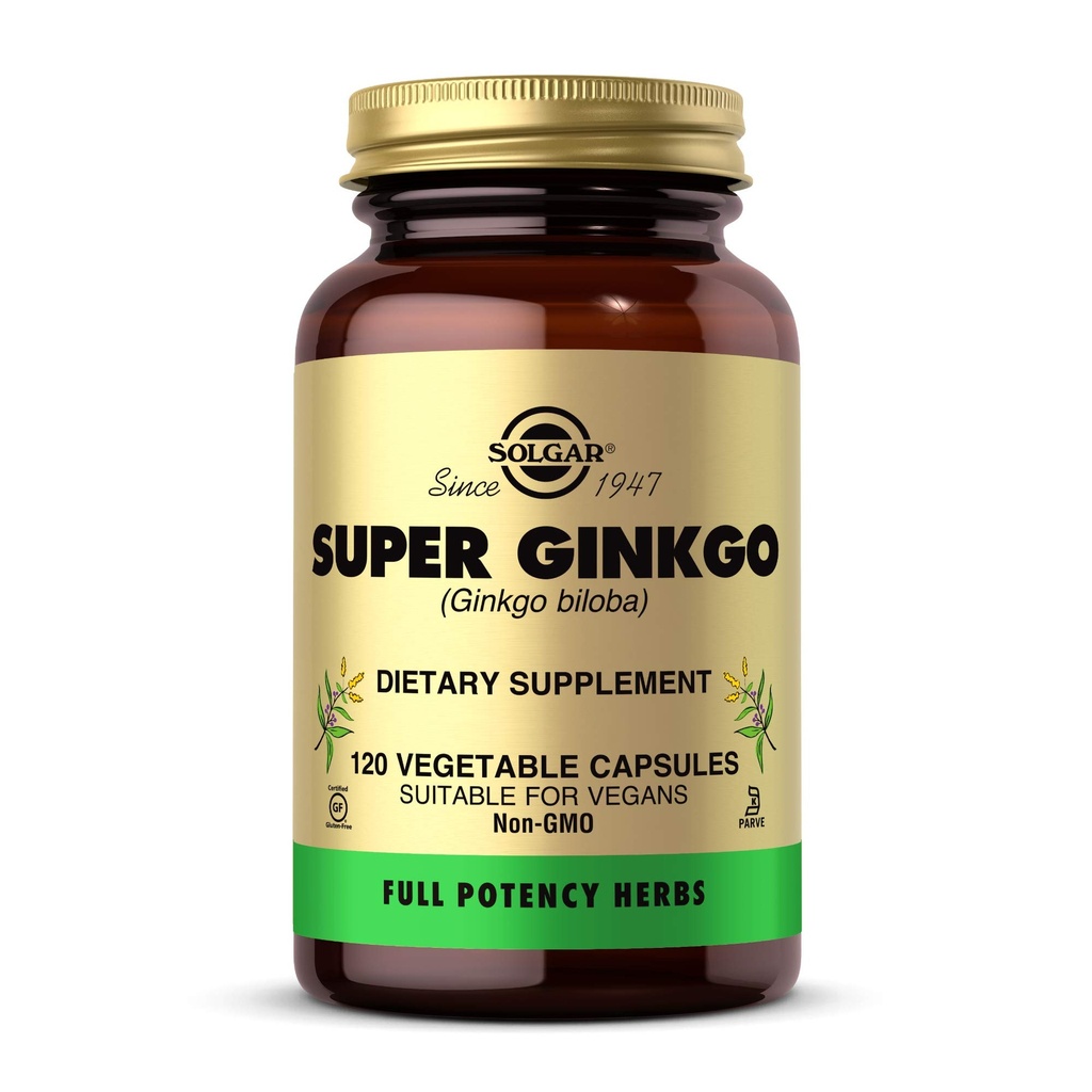 Solgar Super Ginkgo, 120 cápsulas vegetales - Full Potency (FP) - Antioxidant &amp; Nervous System Support - Brain Health - Non-GMO, Vegan, Gluten Free, Dairy Free, Kosher - 120 Servings