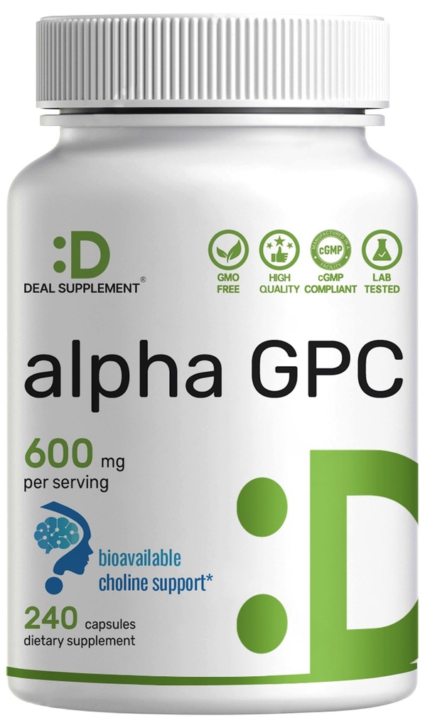 Alpha GPC 600mg Por Serving, 240 cápsulas – Reposición de la línea biodisponible – Suplementos de salud cerebral nootrópicos para la memoria y el enfoque – No GMO, Gluten Free
