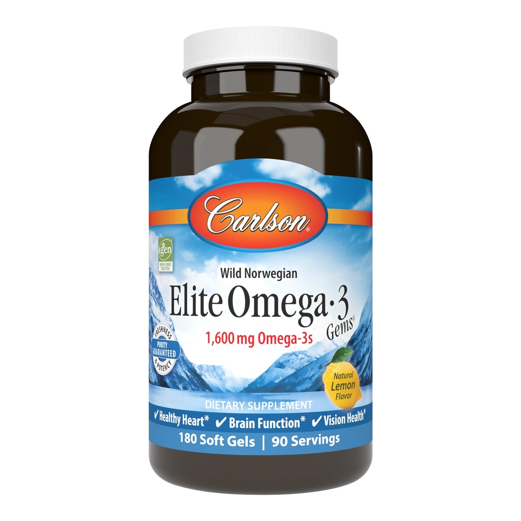 Carlson - Elite Omega-3 Gems, 1600 mg Omega-3 Incluyendo EPA y DHA, suplemento de aceite de pescado noruego, fuente sostenible, Lemon, 180 Softgels