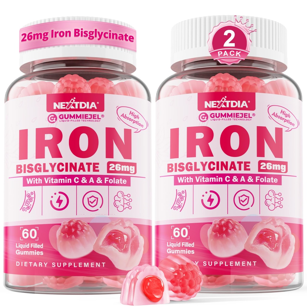 Suplemento de hierro vegano Gummies for Women &amp; Men - w/Vitamin C Folate B12 Zinc for Adults &amp; Kids, Chewable Gentle Iron for Iron Deficiency, Energy Boost, Non-Constipating &amp; After Taste, Sugar-Free 2 Pack