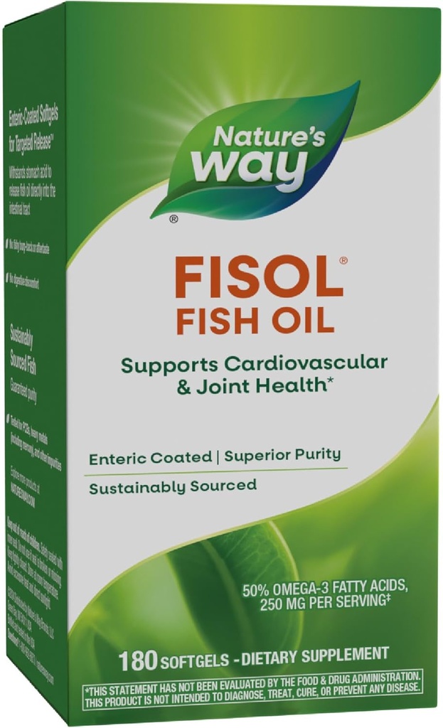Aceite de pescado Fisol Way, Coated Enteric, soporta la salud cardiovascular y conjunta*, Mega Potency Omega-3s, 180 Softgels (Packaging May Vary)