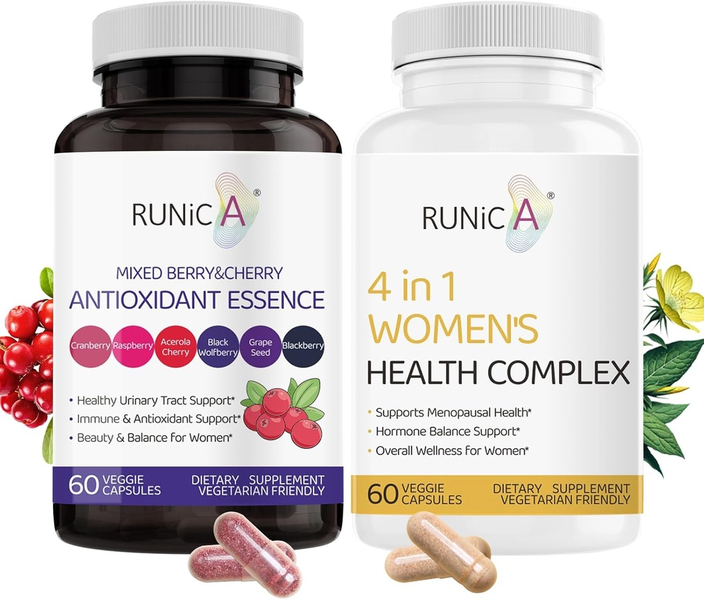 4 in 1 Women Menopause Suplemento &amp; Mixed Berry Cherry Antioxidants Suplemento Bundle - Soy Isoflavones, Arándano y Más