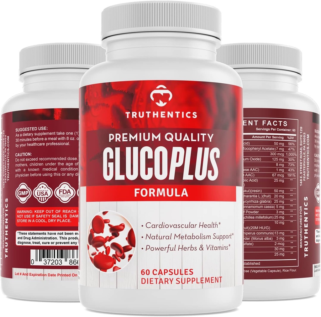 TRUTHENTICS Gluco Más - 20 hierbas, vitaminas " minerales con canela, cromo, vanadio, melón de bitter, ácido lipoico alfa, magnesio - sin gluten, no GMO - 60 cápsulas