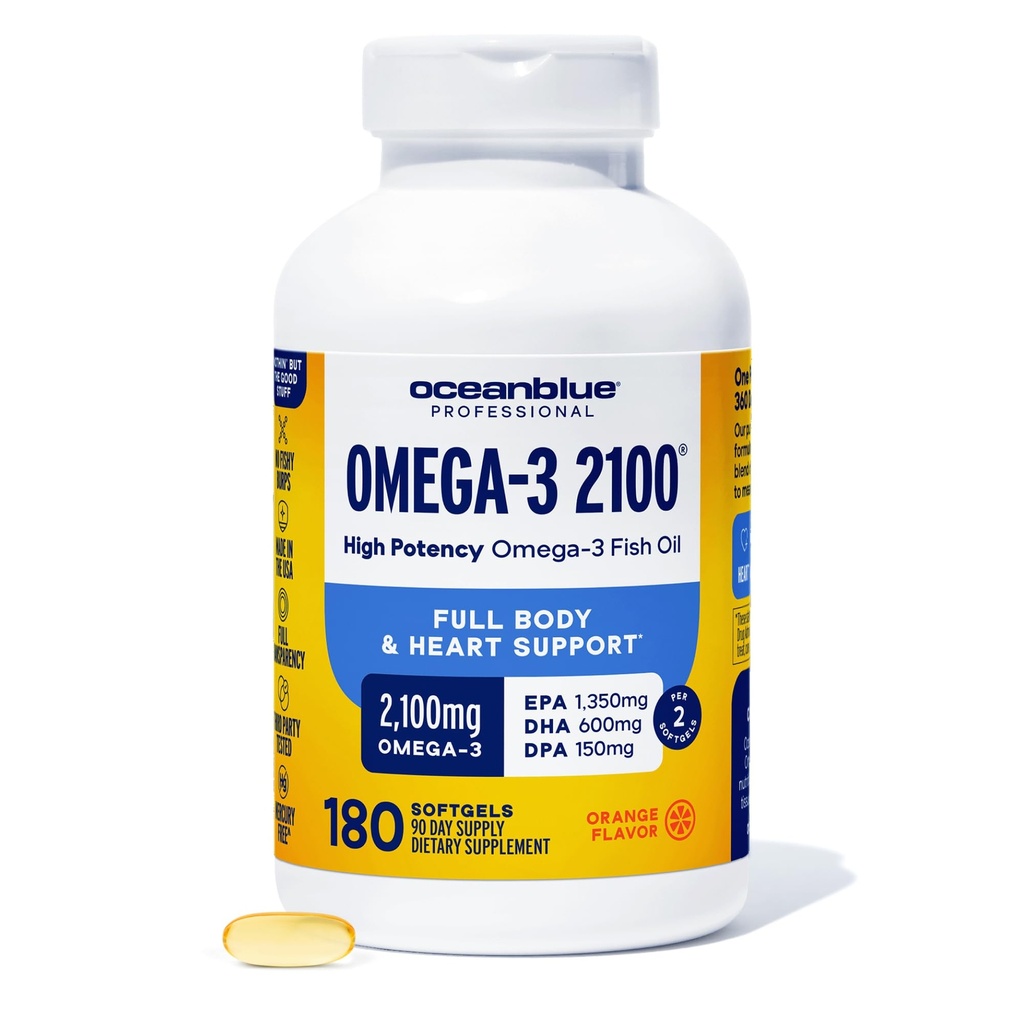 Oceanblue Professional Omega-3 2100 – 180 ct – Triple Strength Burpless Fish Oil Suplemento con EPA de alta potencia, DHA, DPA – Wild-Caught – Orange Flavor (90 Servings)