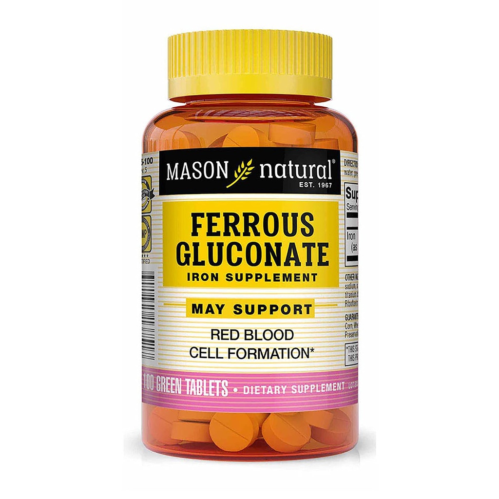 Gluconato de ferroso natural de Mason - Apoya la formación de células rojas de sangre, suave sobre suplemento de hierro de estómago, 100 Tabletas