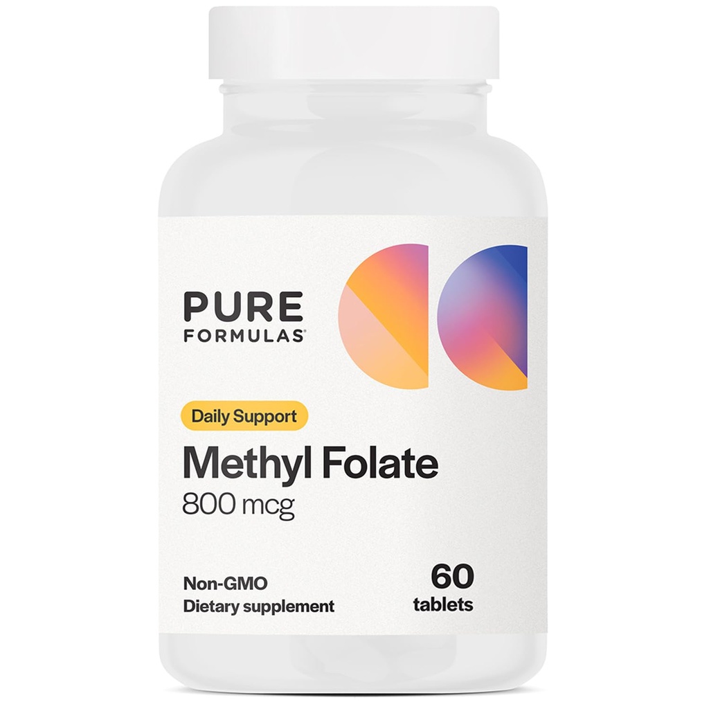 PureFormulas Methylfolate 800 mcg – Active B9 (5-MTHF) para Cardiovascular, Nerve & Mood Health, Non-GMO Vegetarian Tablets, 60 Cuenta