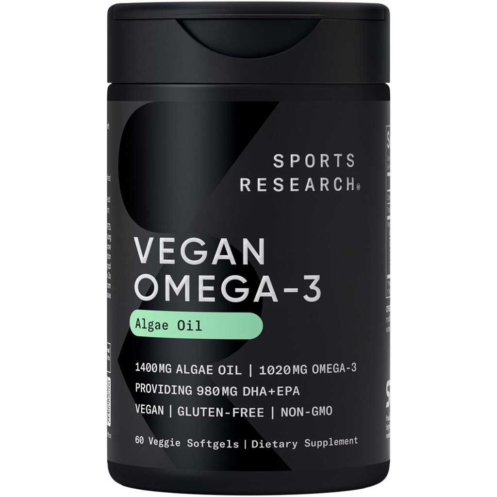Sports Research Vegan Omega-3 Fish Oil Alternative from Algae Oil - Highest Levels of Vegan DHA &amp; EPA Fatty Acids ¦ Non-GMO Tested & Vegan Certified - 60 Veggie Softgels (Carrageenan Free)