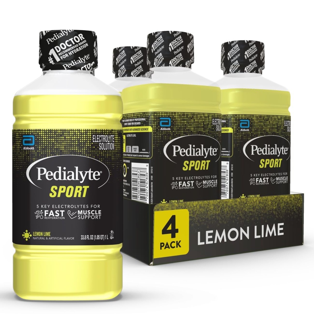 Pedialyte Sport Electrolyte Drink, Fast Hydration with 5 Key Electrolytes for Muscle Support Antes, Durante, " After Exercise, Lemon Lime, 1 Liter, Pack of 4