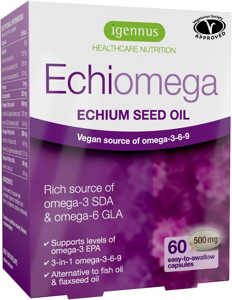 Echiomega Vegan Triple Omega 3 6 9 500 mg, Echium Seed Oil, EFA Suplemento para Mujeres con GLA, 60 Softgels