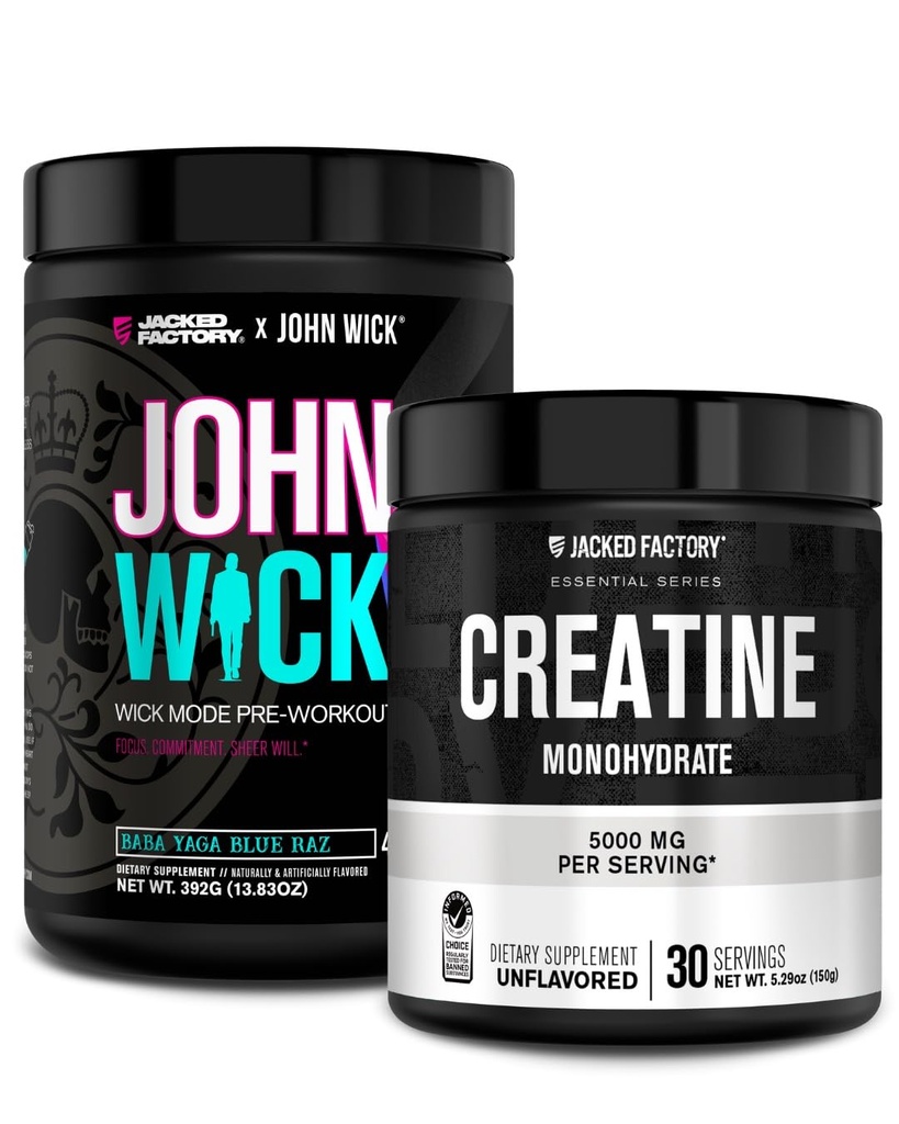Jacked Factory X John Wick - Wick Mode Pre Workout Powder (Baba Yaga Blue Raz, 40 Servings) & Creatine Monohydrate Powder (Unflavored, 30 Servings)