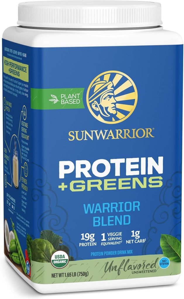 Sunwarrior Warrior Blend Protein Greens Powder Drink Mix ¦ BCAA Plant Based Organic Hemp Seed Vegan Gluten Free Non-GMO Pólvora de proteína bajo de carbohidratos de 750 G 30 SRV