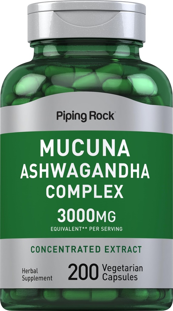 Piping Rock Mucuna Ashwagandha 3000mg ← 200 Capsules ← Complejo Suplemento Extracto para Mujeres y Hombres