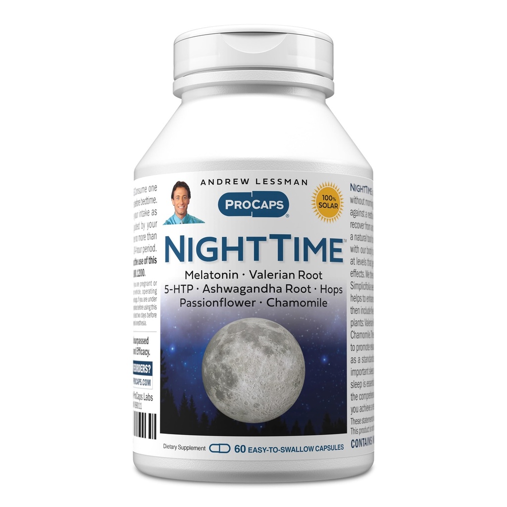 ANDREW LESSMAN Night Time 60 Capsules - 3mg Melatonin, Valerian, Ashwagandha, Passionflower, Hops, Chamomile. Nada de "Mañana Grogginess". Apoyo natural, sueño suave y relajado. Cápsulas fáciles de absorber
