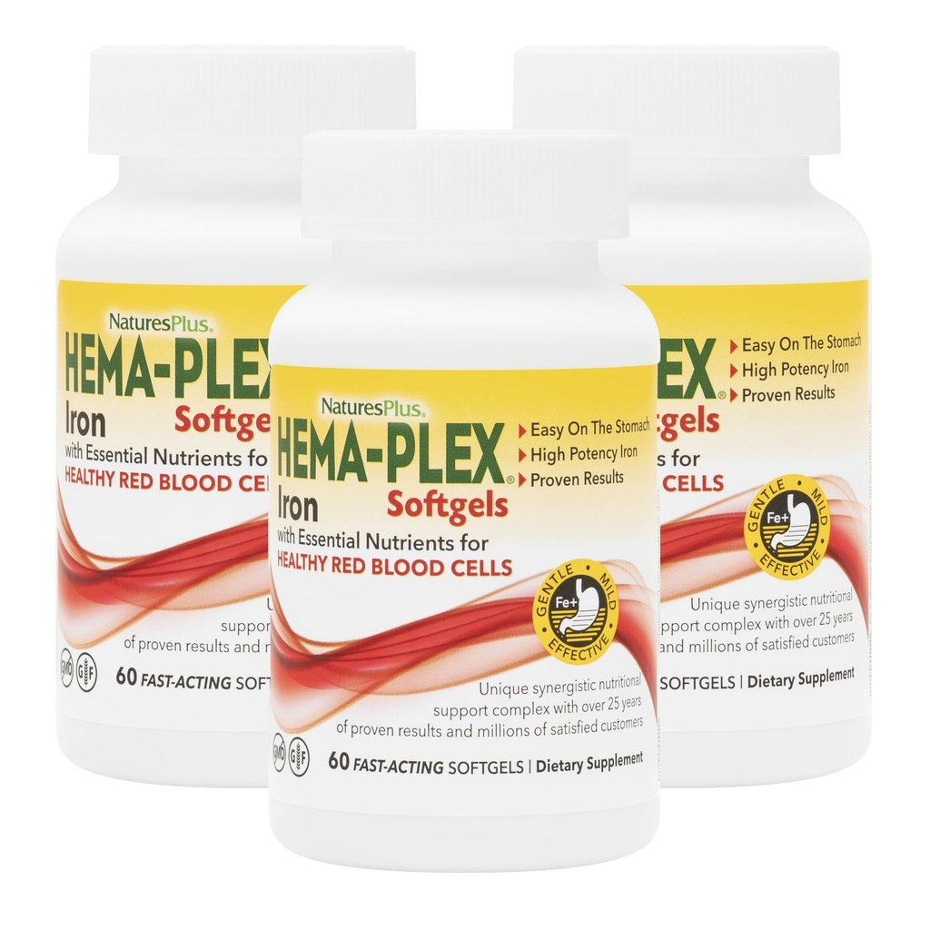 NaturesPlus Hema-Plex Iron - 60 Fast-Acting Softgels - 3 Pack - 85 mg Iron + Vitamina C & Bioflavonoids for Healthy Red Blood Cells - Gluten Free - 60 Total Servings