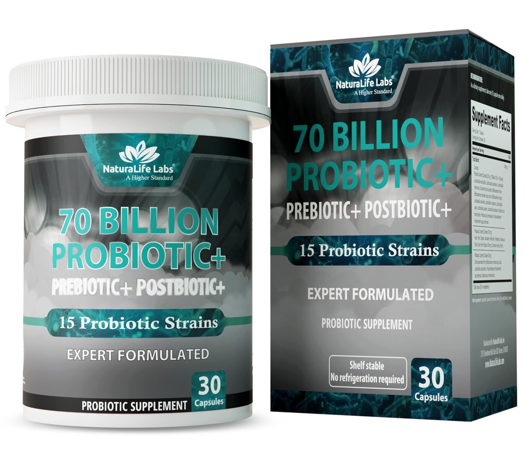 NaturaLife Labs Probióticos 70 Billones CFU – 15 Strains con Prebiótico Orgánico & Postbiótico – 3-en-1 Fórmula – 30 cápsulas Veganas